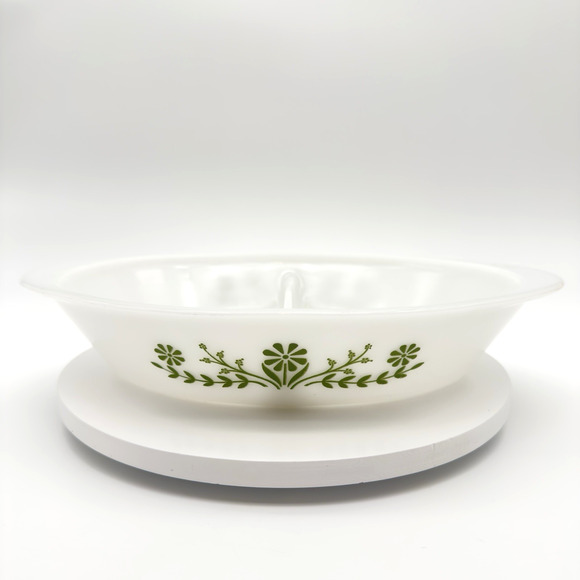 Glasbake Divided Casserole Serving Dish Green Daisy Milk Glass Vintage 1 qt - Picture 1 of 8